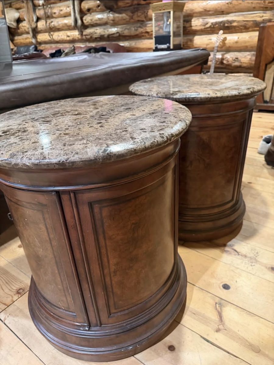 Pair of Round Wood Side Tables with Marble Tops & Cabinet Storage - Ornate Hardware