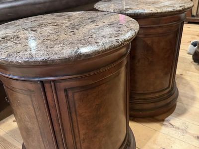 Pair of Round Wood Side Tables with Marble Tops & Cabinet Storage - Ornate Hardware