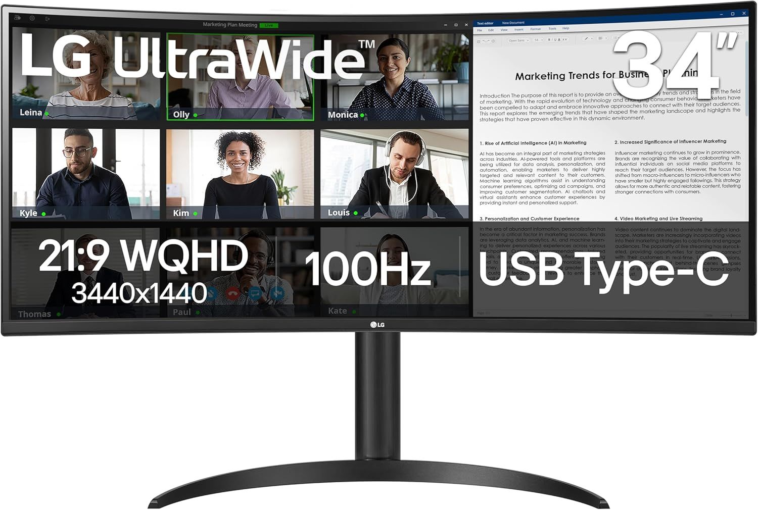 LG 34WR55QK-B 34-inch UltraWide WQHD (3440 x 1440) Curved Computer Monitor, 100Hz, HDR10, HDMI,Tilt/Height Adjustable Stand