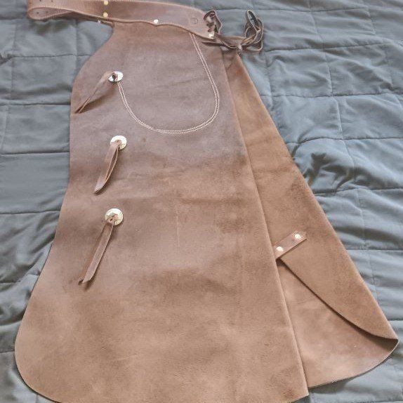 Unbranded Brown Leather Shotgun Chaps, Heavy Duty Western Cowboy Riding Work Gear, Size 230 X 1