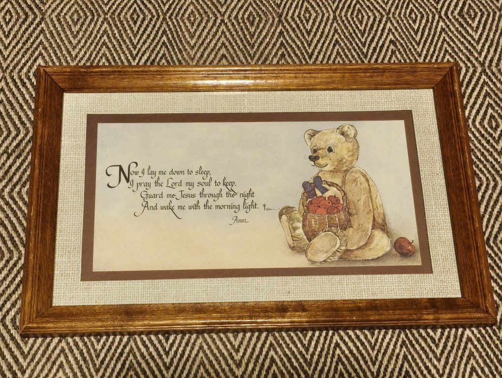 1980's Framed Teddy Bear Print with 'Now I Lay Me Down to Sleep' Prayer