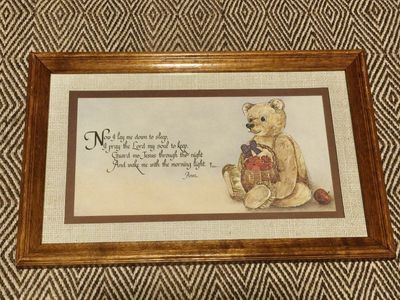 1980's Framed Teddy Bear Print with 'Now I Lay Me Down to Sleep' Prayer