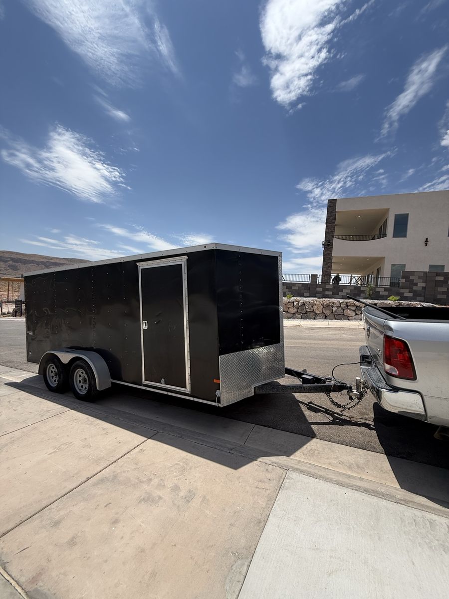 2016 black wells cargo enclosed trailer 16’x6’8”x6’1”