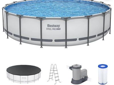 18ft x 48" Metal Frame Round Pool
w/Ladder & Cover and Sand Filter Pump**
Bestway