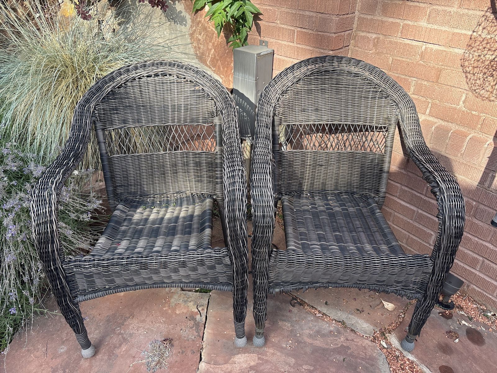 Pair of Dark Grey Wicker Patio Chairs - Outdoor Furniture Seating