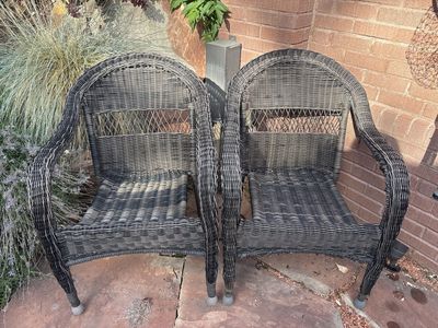 Pair of Dark Grey Wicker Patio Chairs - Outdoor Furniture Seating