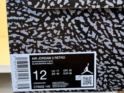 Nike Air Jordan 3 Retro White Midnight Navy Size 12 CT8532 140