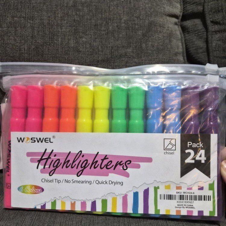 New Highlighters, Chisel Tip, No Smearing, Quick Drying, Assorted 6 Colors, 24-Pack