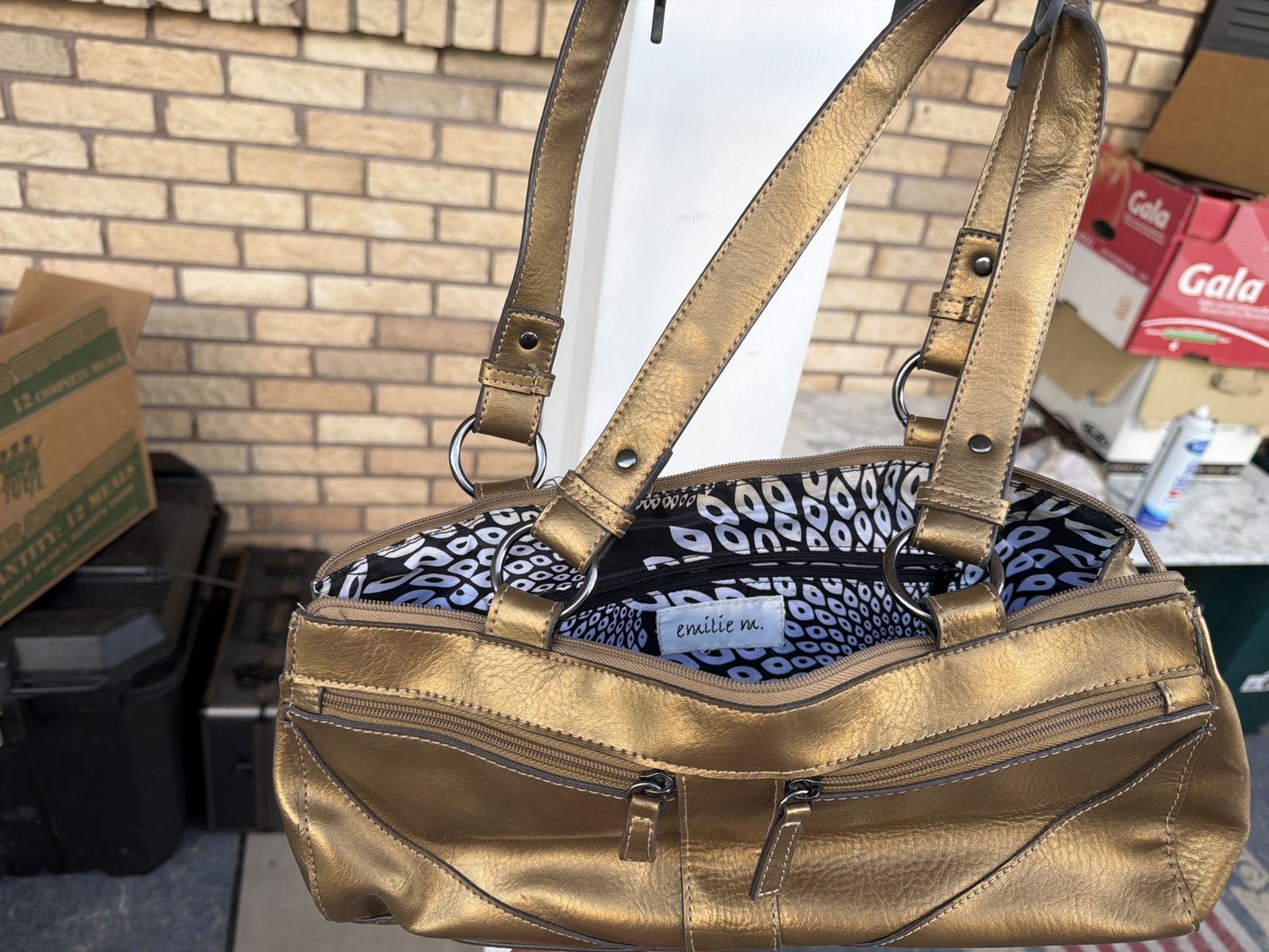 Emilie M. Gold Genuine Leather Shoulder Bag with Patterned Lining & Multiple Pockets