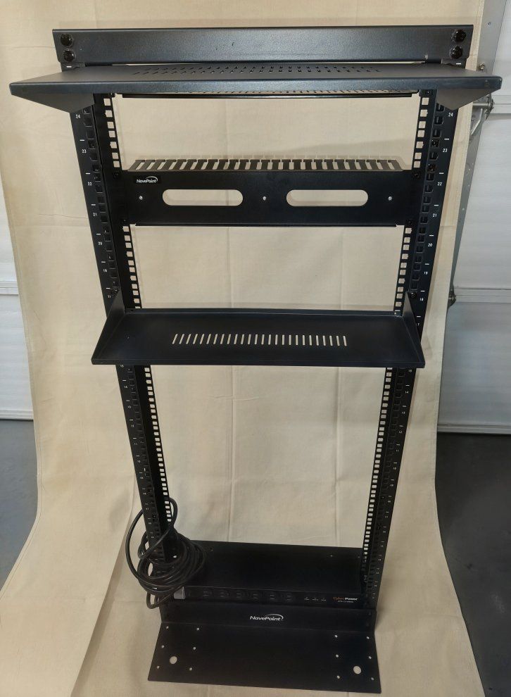 NavePoint 25U 2-post open frame server rack with shelves and Cyber Power CPS1215RMS Surge Protector/ Power Strip