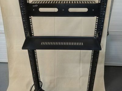 NavePoint 25U 2-post open frame server rack with shelves and Cyber Power CPS1215RMS Surge Protector/ Power Strip
