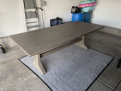 Large, beautiful, beige/grey farmhouse dining kitchen table