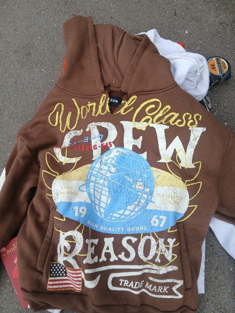 World Class Crew Brown Hoodie with Globe and American Flag Graphic - Size Large