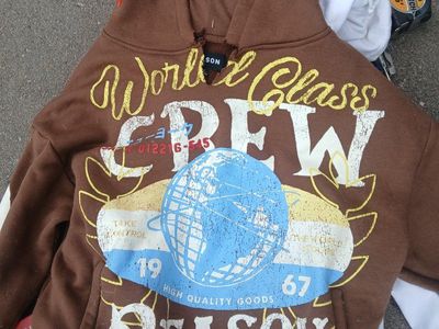 World Class Crew Brown Hoodie with Globe and American Flag Graphic - Size Large