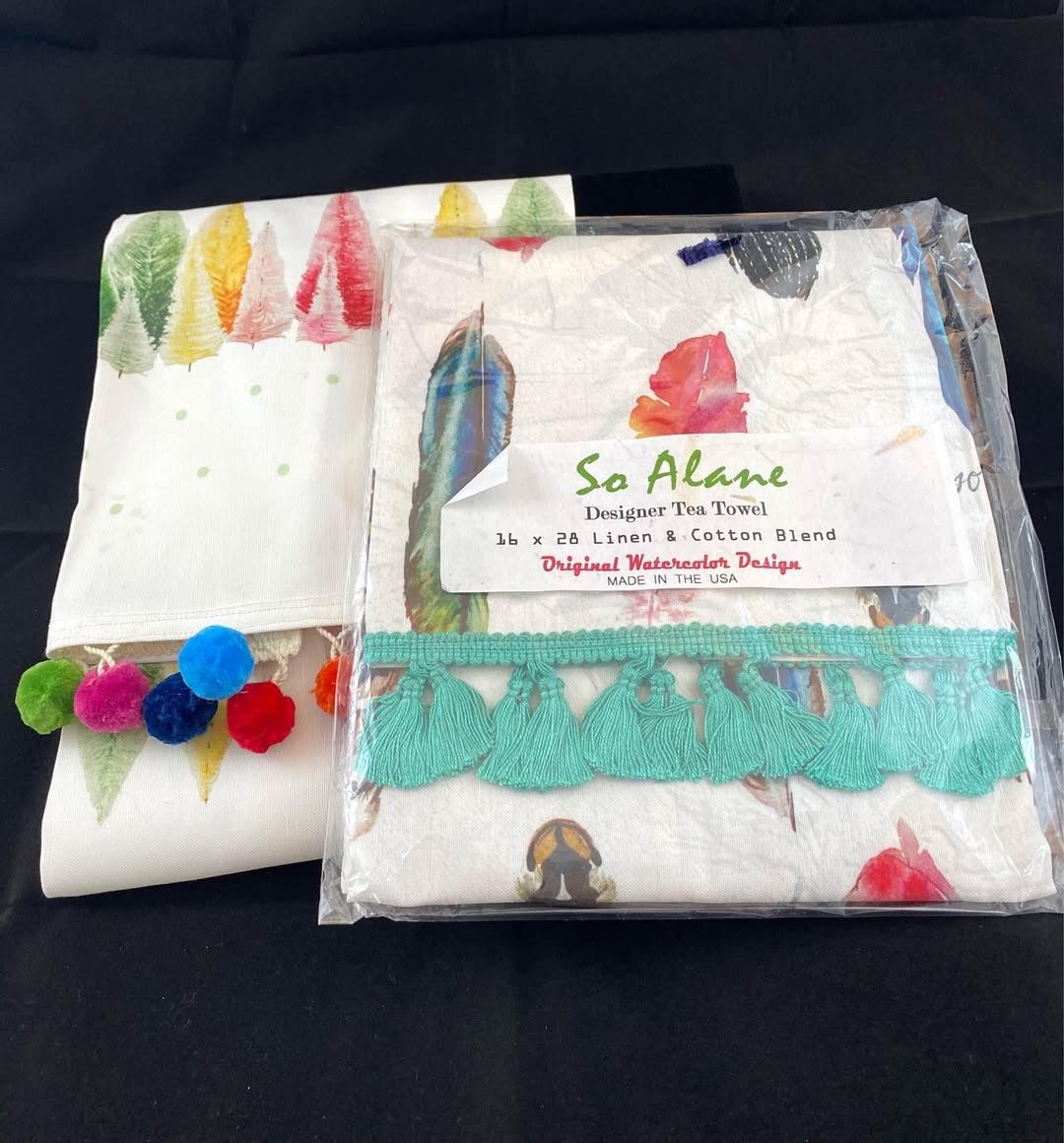 So Alane Designer Tea Towel 2 PC Set - Linen & Cotton Blend, Watercolor Feather & Tree Designs