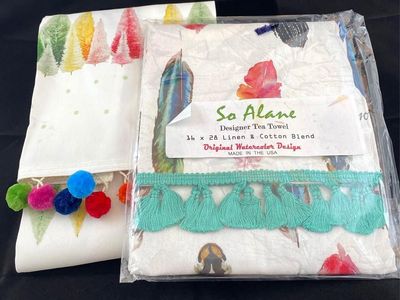 So Alane Designer Tea Towel 2 PC Set - Linen & Cotton Blend, Watercolor Feather & Tree Designs