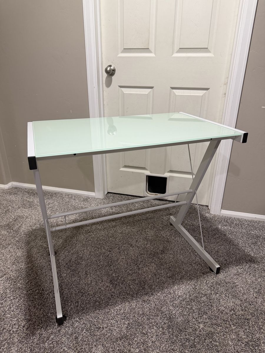 Modern Frosted Glass Top Computer Desk with White Metal Z-Frame