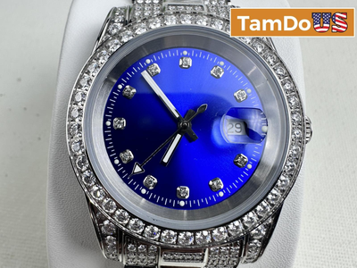 Moissanite $2882 Presidential Watch 41mm, Blue Dial, 13.3CT VVS, White Gold Auto