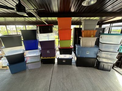 Lot of 30 Plastic Storage Totes of Various Sizes, Not Selling Separately, See Pictures