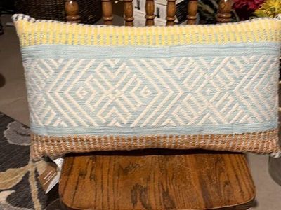 World Market Summer Indoor/Outdoor Throw Pillow - Blue, Yellow, & Brown Geometric Lumbar