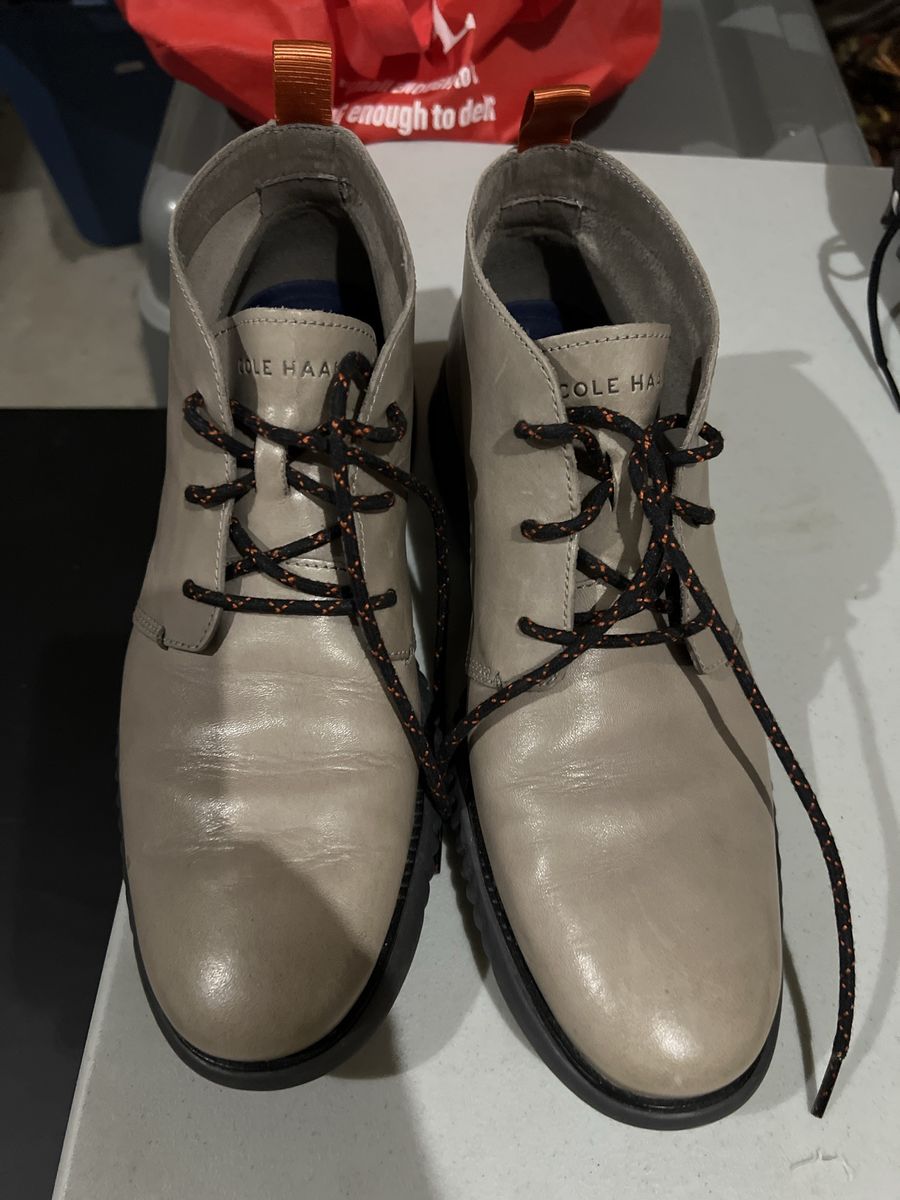 Cole Haan 2.ZEROGRAND Leather Chukka Boots Grey Orange Trim - Size 9.5