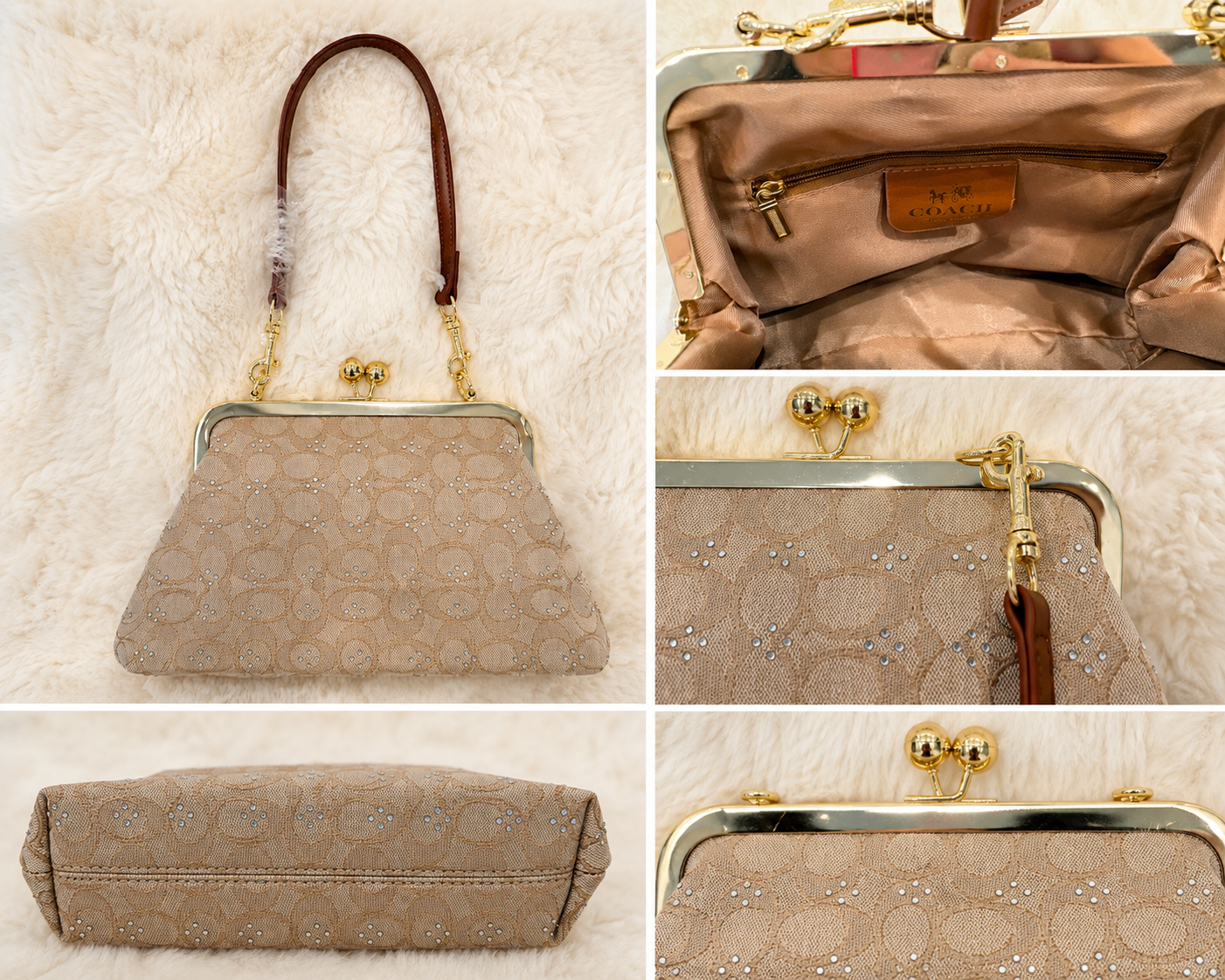 Coco Kiss lock Rhinestone Clutch Beige Purse Bag New