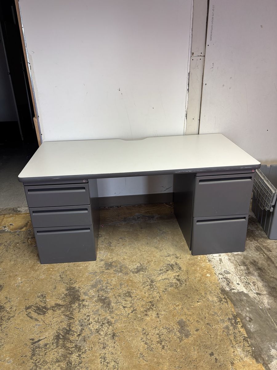 Office Desk with Built-in Storage - Gray Metal with White Top