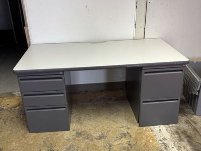 Office Desk with Built-in Storage - Gray Metal with White Top