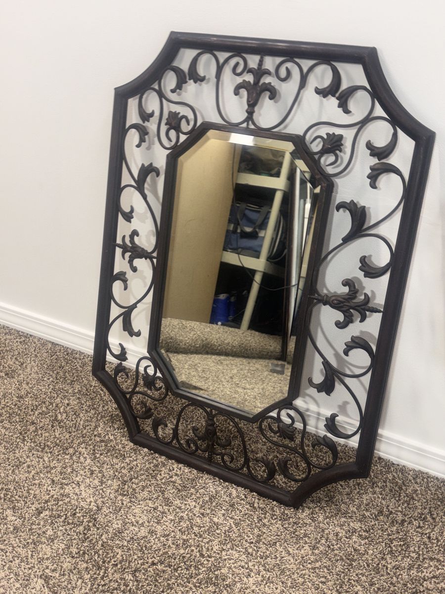 FREE DELIVERY - 32 inch Ornate Black Metal Scrollwork Mirror - Beveled Glass