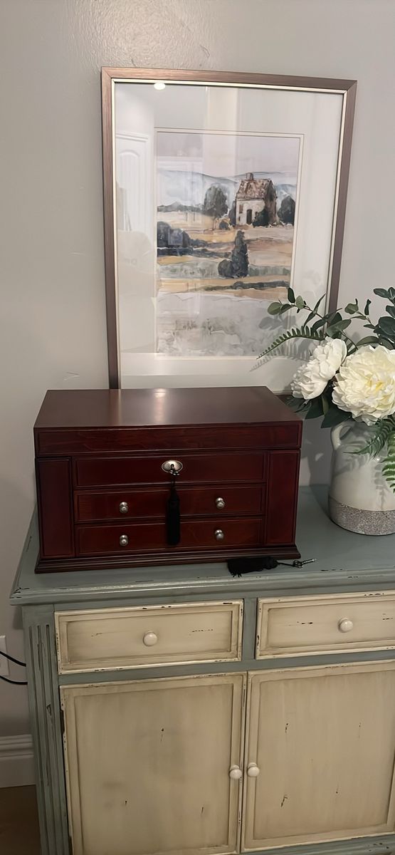 Wooden Jewelry Armoire Chest Cherry Finish Velvet Lined with Lock & Keys