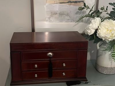 Wooden Jewelry Armoire Chest Cherry Finish Velvet Lined with Lock & Keys