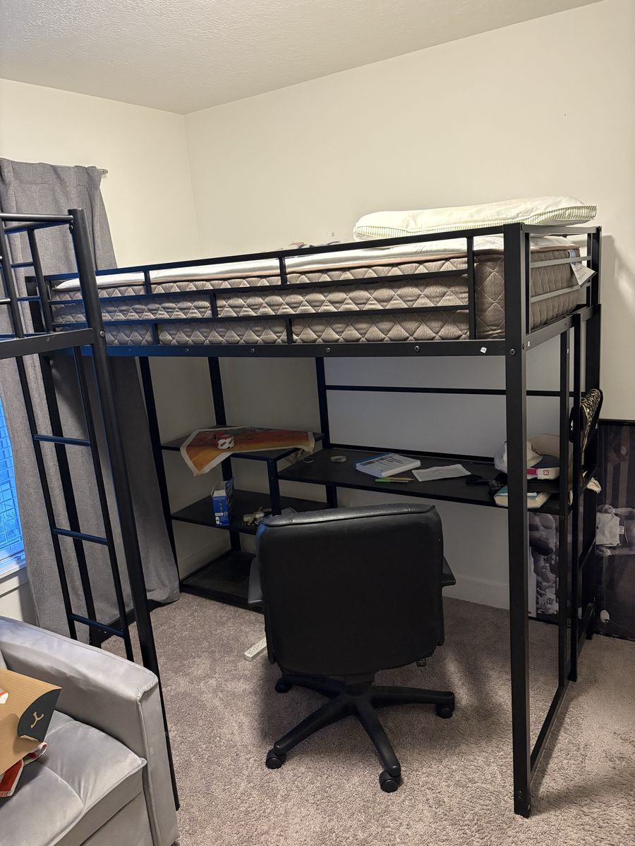 Twin loft bed with desk, whiteboard and mattress