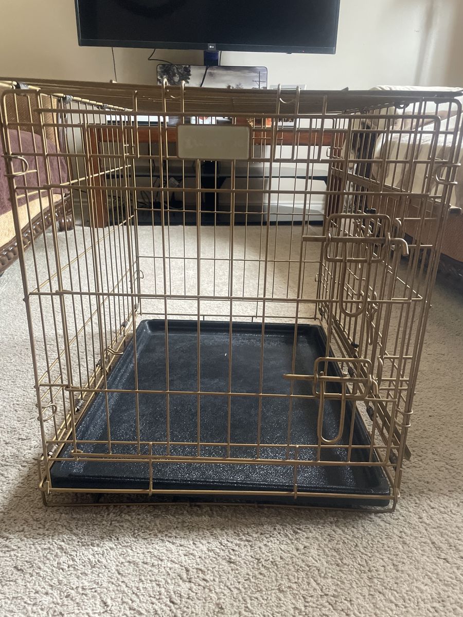Gold Metal Pet Crate Dog Training Kennel with Plastic Tray - Used, Good Condition