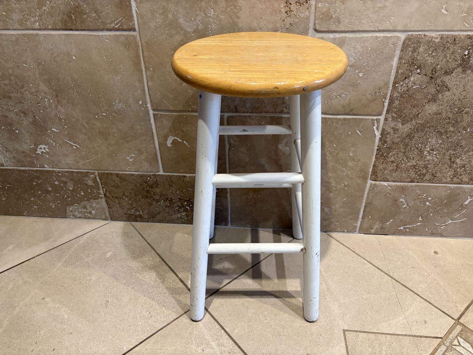 White Wood Counter Height Stool w/ Oak Seat