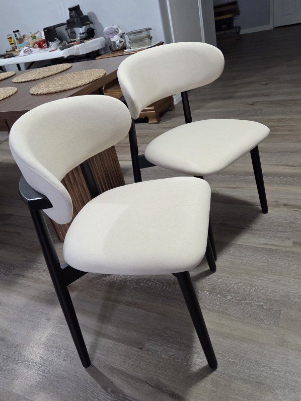 Set of 2 Modern Cream Dining Chairs - Upholstered, Black wood Legs