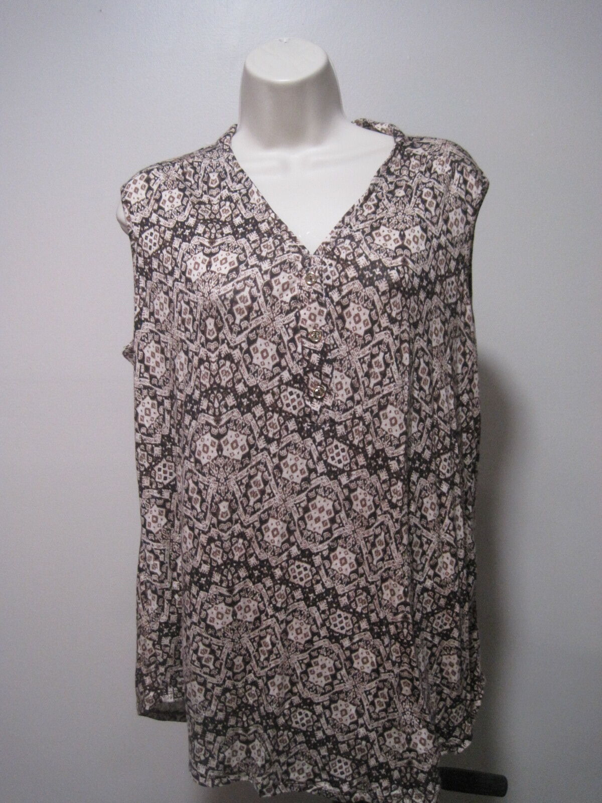 Per Seption Concept Sleeveless Womens XL Geometric Tan Brown Smocked Stretch Top