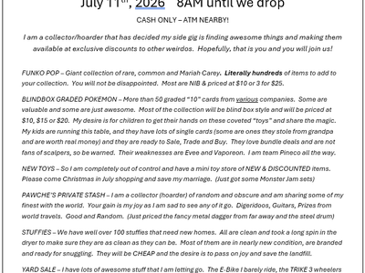 7/11/26 8AM POKEMON - FUNKO - NEW TOYS - BOOKS - STUFFIES - GOOOOD STUFF - YARD SALE