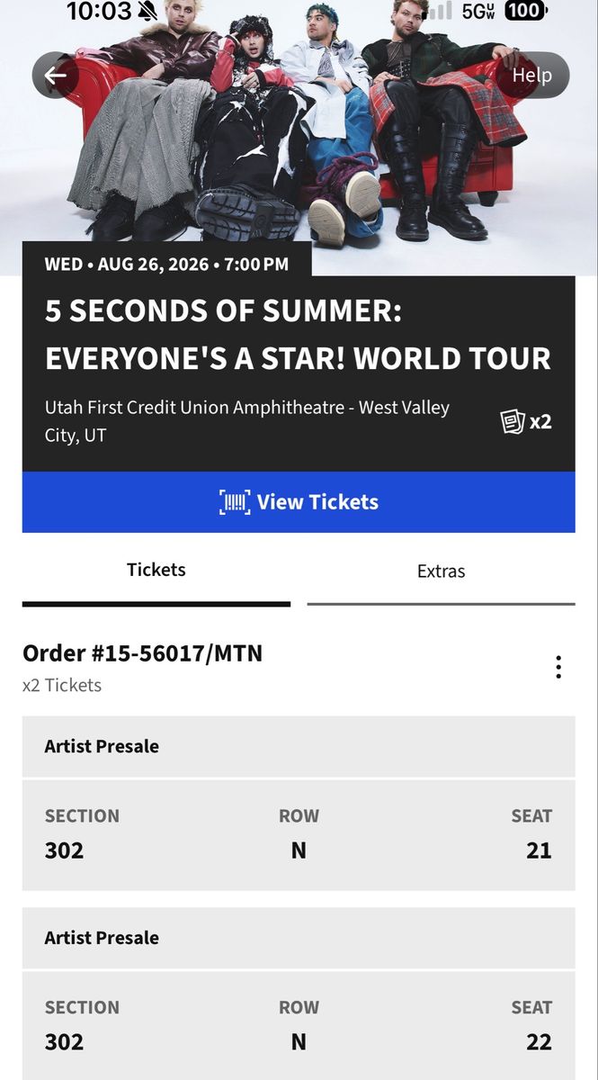 5 Seconds of Summer tickets - 8/26 two seats