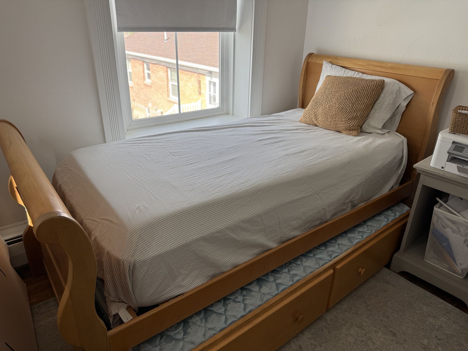 Twin Honey Oak Trundle Sleighbed with 2 Twin Mattresses