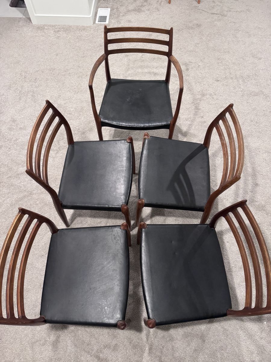 J.L. Møller Vintage Danish Modern Dining Chairs Set of 5 Black Vinyl