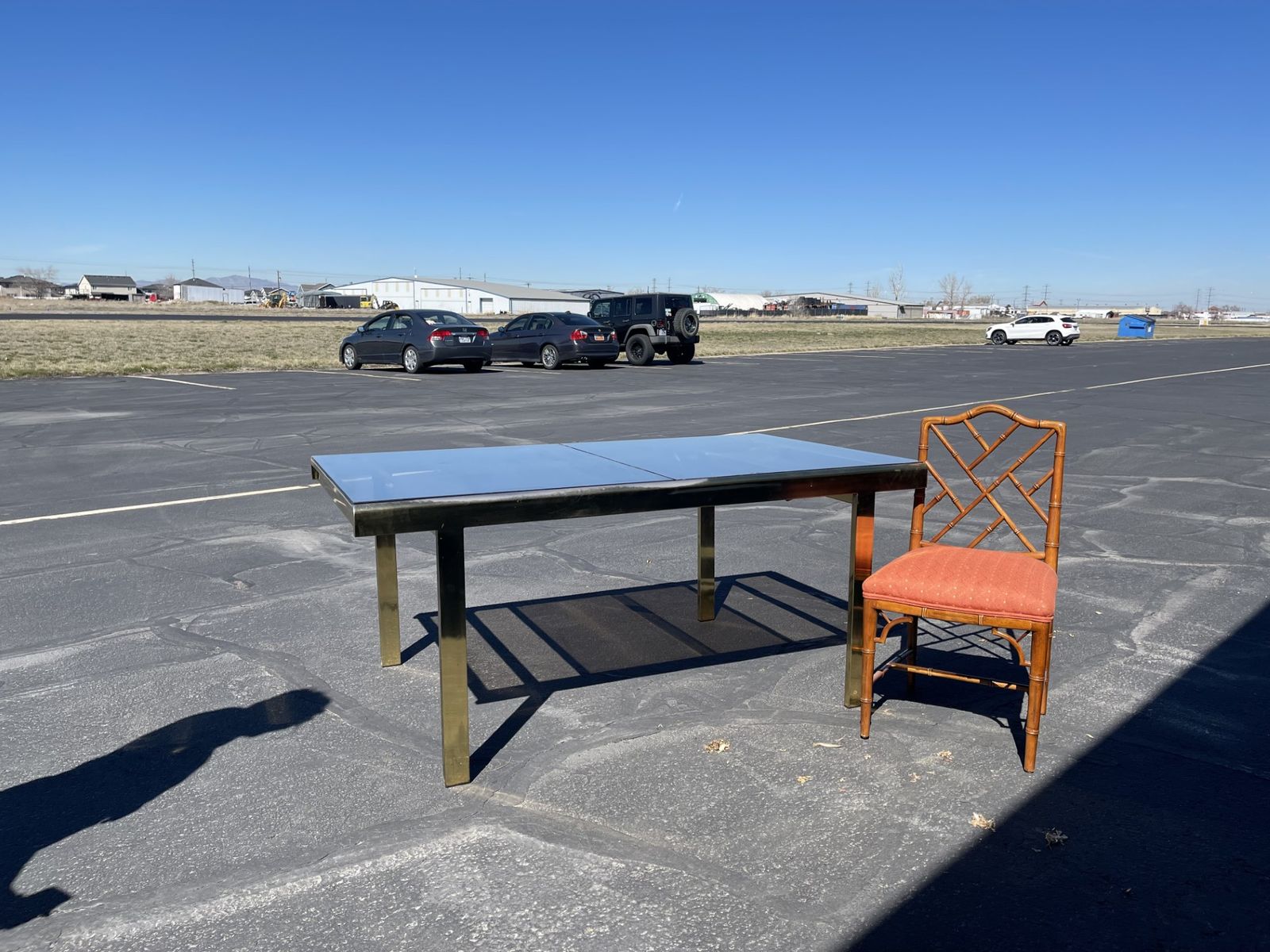Expandable Glass Table with 6 fabric covered chairs