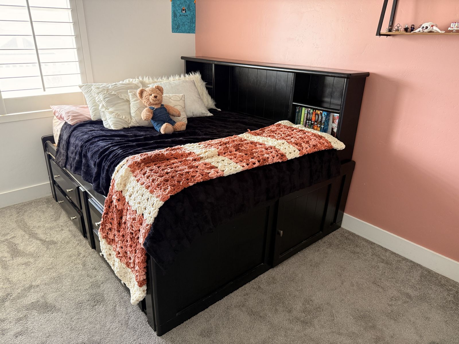 Black Full Size Bed with Storage Drawers and Bookshelf Headboard - Solid Wood