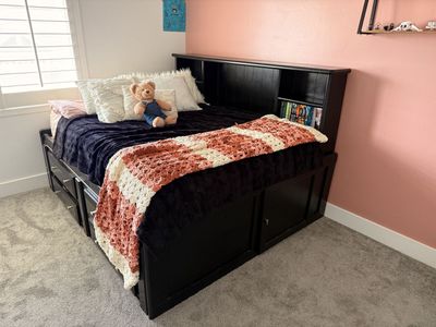 Black Full Size Bed with Storage Drawers and Bookshelf Headboard - Solid Wood