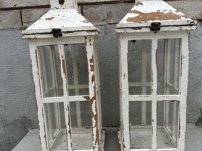 Rustic Shabby Chic White Wood & Glass Decorative Lanterns - Set of 2, Distressed