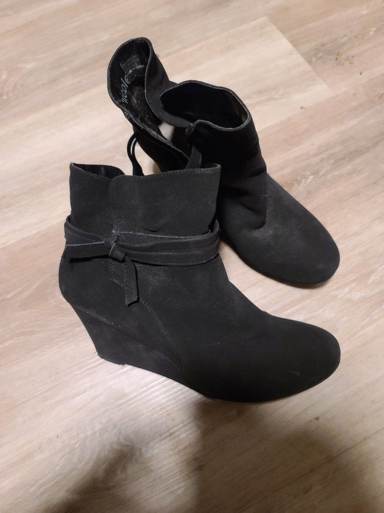 Nicole Black Suede Wedge Ankle Boots - Size 10M, 3-inch Heel