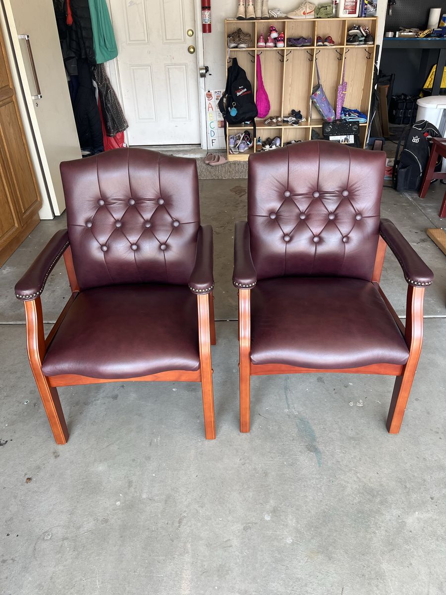 Pair of Burgundy Leather Tufted Office Guest Armchairs with Nailhead Trim