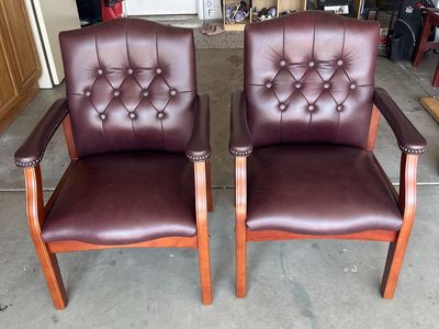 Pair of Burgundy Leather Tufted Office Guest Armchairs with Nailhead Trim