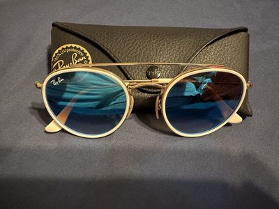 Ray-Ban Round Double Bridge Blue/Gold Sunglasses RB3647N, 100% UV Protection, w/ Case