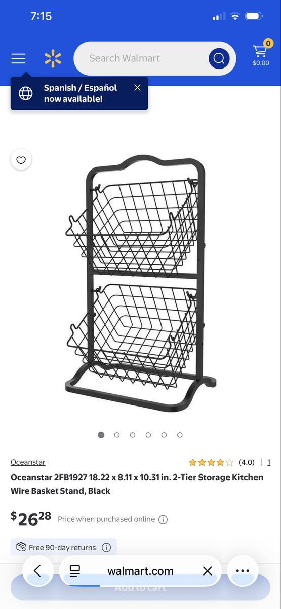 Oceanstar 2FB1927 2-Tier Kitchen Wire Storage Basket Stand - Black