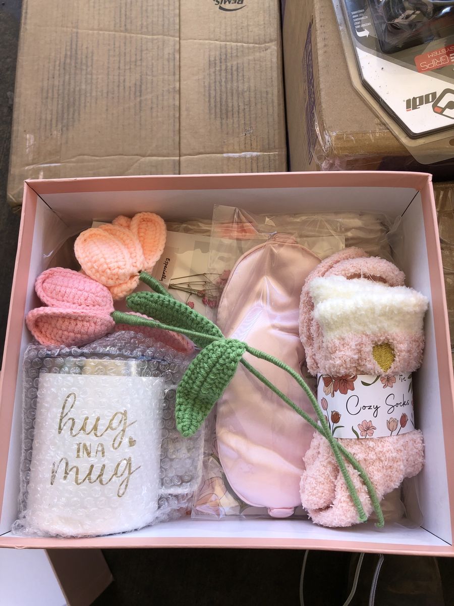 New "A Hug In A Mug" Cozy Gift Set w/ Mug, Socks, Sleep Mask, & Crochet Tulip